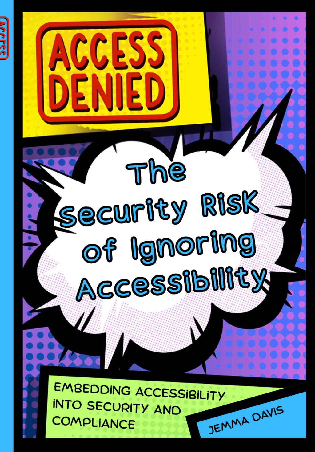 Access Denied book cover — comic-style illustration with the title in a yellow badge over a purple halftone background